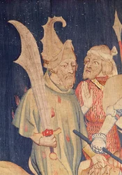 Detalj av en kavaljer från Myriads of Lions, från Apocalypse Tapestry of Angers, 1373-87 gobeläng